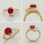 Cushion cut natural ruby and asymmetric diamond cluster ring in 18k yellow gold by RatnaShakti Gems and Jewelry.