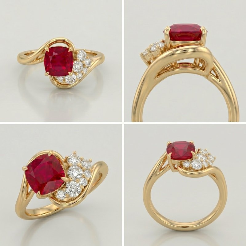 Cushion cut natural ruby and asymmetric diamond cluster ring in 18k yellow gold by RatnaShakti Gems and Jewelry.