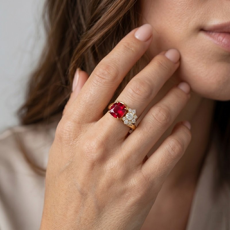 Cushion cut natural ruby and asymmetric diamond cluster ring in 18k yellow gold by RatnaShakti Gems and Jewelry.