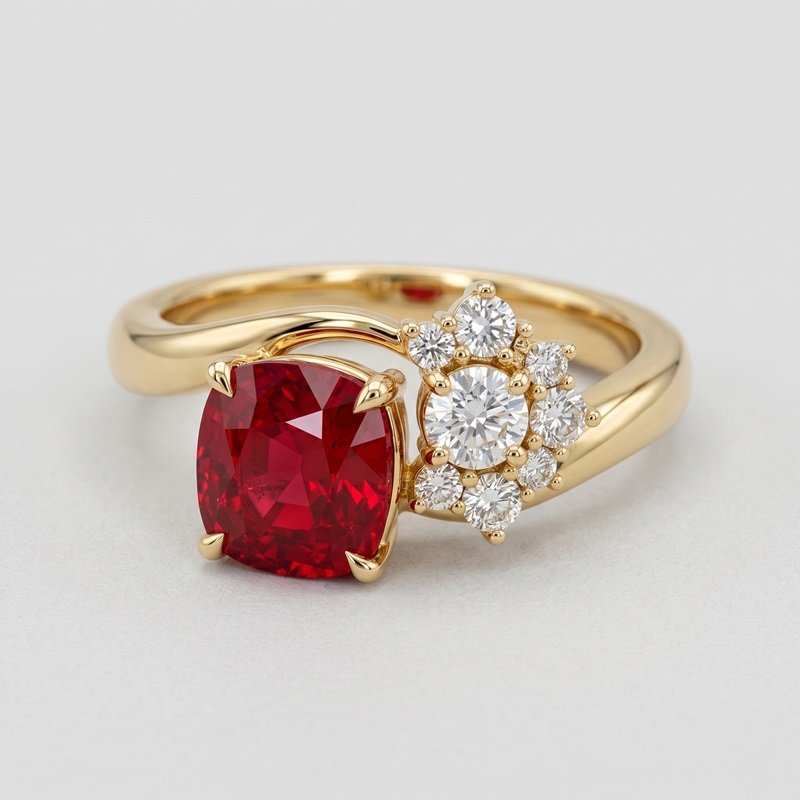 Cushion cut natural ruby and asymmetric diamond cluster ring in 18k yellow gold by RatnaShakti Gems and Jewelry.