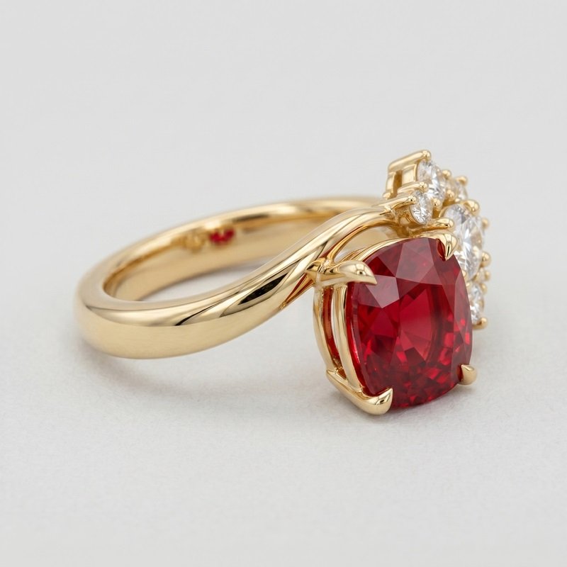 Cushion cut natural ruby and asymmetric diamond cluster ring in 18k yellow gold by RatnaShakti Gems and Jewelry.