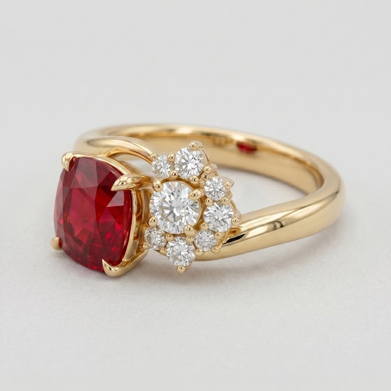 Cushion cut natural ruby and asymmetric diamond cluster ring in 18k yellow gold by RatnaShakti Gems and Jewelry.
