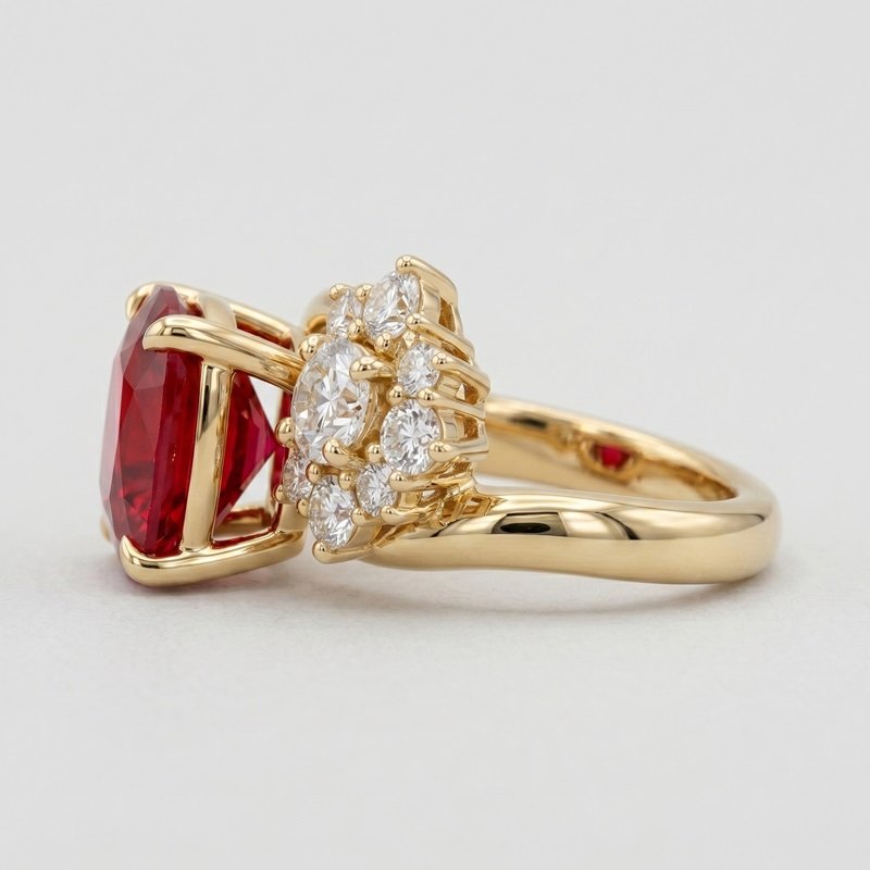 Cushion cut natural ruby and asymmetric diamond cluster ring in 18k yellow gold by RatnaShakti Gems and Jewelry.