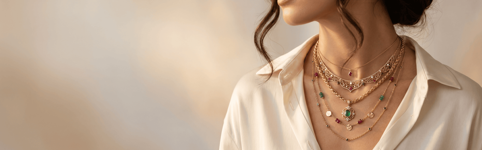 A close-up, high-end editorial photo of a woman viewed from the side, wearing layered fine gold necklaces accented with a central green emerald pendant and smaller red and blue gemstones, set against a softly blurred warm, neutral background.