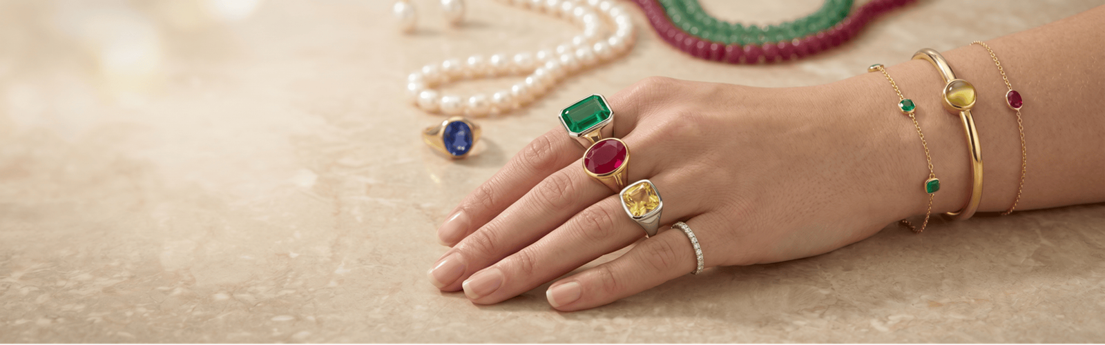 A close-up photograph of a woman’s hand wearing multiple fine gemstone rings (emerald, ruby, citrine, diamond) and stacking gold bracelets, resting on a polished beige marble surface.