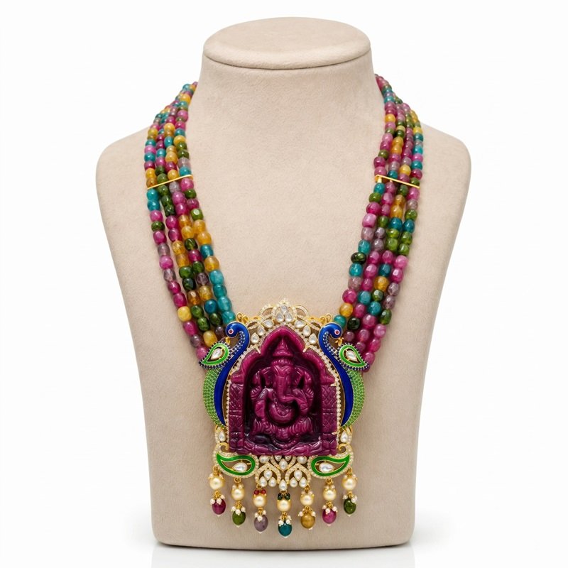 2 - Lord Ganesha Carved Ruby & Multi-Gemstone Statement Necklace