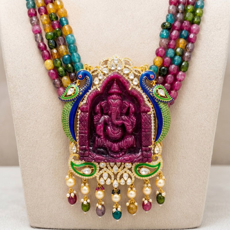3 - Lord Ganesha Carved Ruby & Multi-Gemstone Statement Necklace