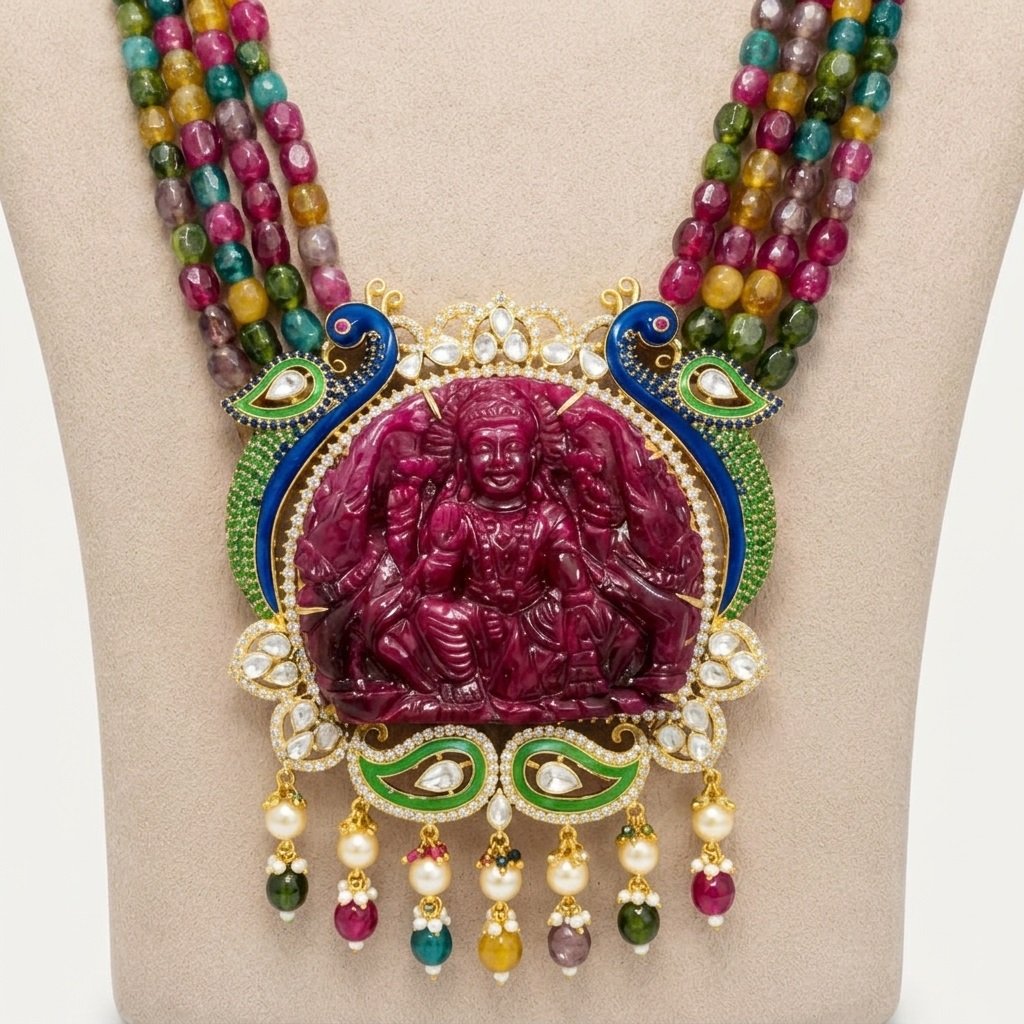 4 - Goddess Lakshmi Carved Ruby & Multi-Color Beaded Statement Necklace