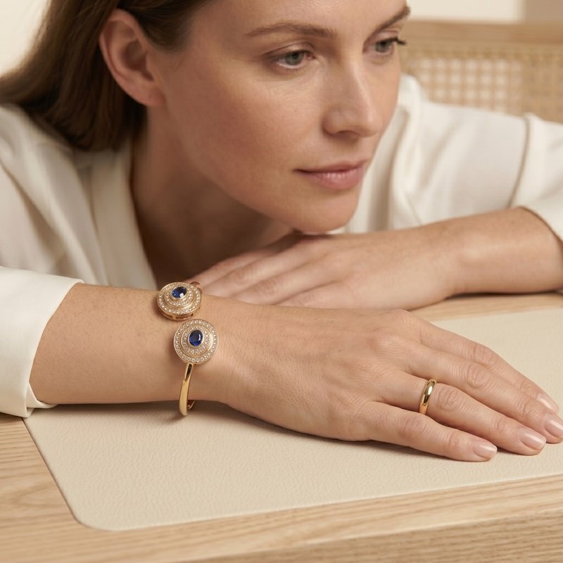 4-The Astraea Twin-Halo Royal Blue Sapphire & Diamond Accent Cuff Bangle
