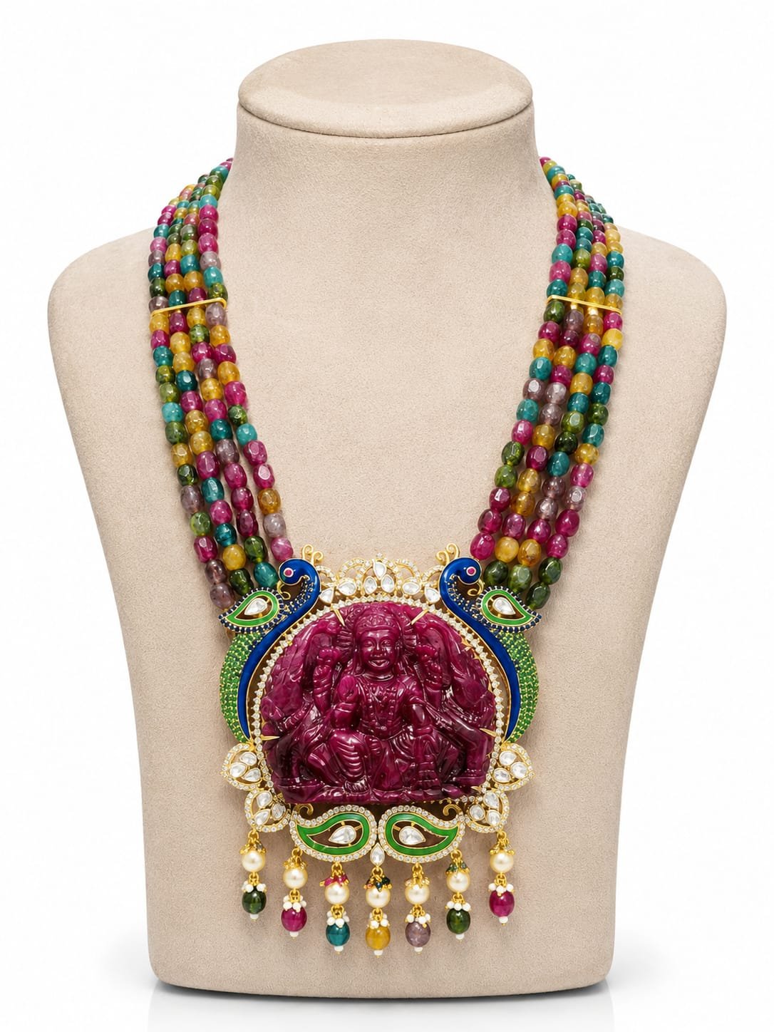 5 - Goddess Lakshmi Carved Ruby & Multi-Color Beaded Statement Necklace