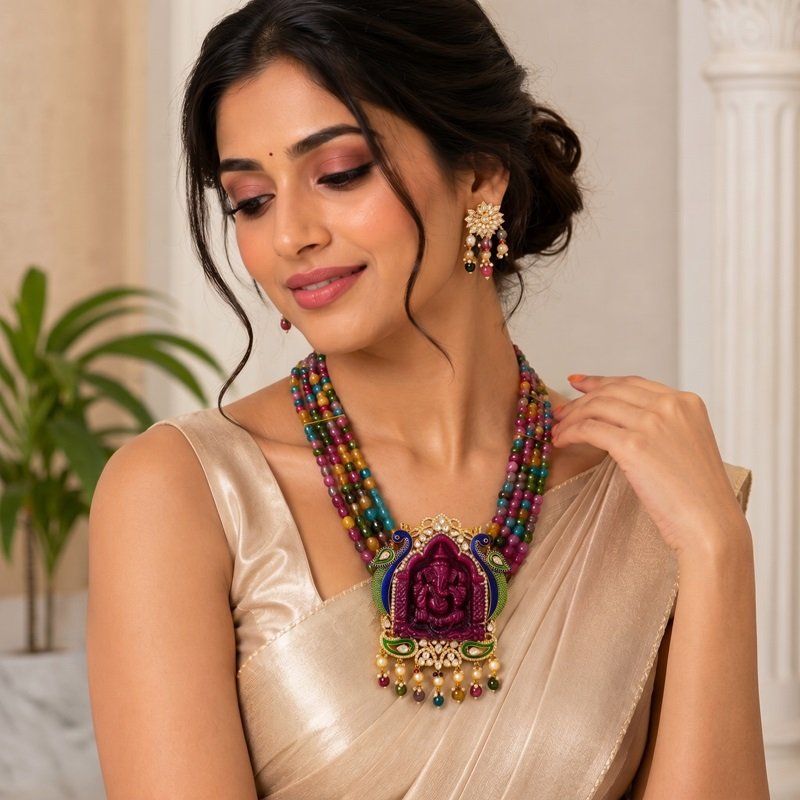 5 - Lord Ganesha Carved Ruby & Multi-Gemstone Statement Necklace