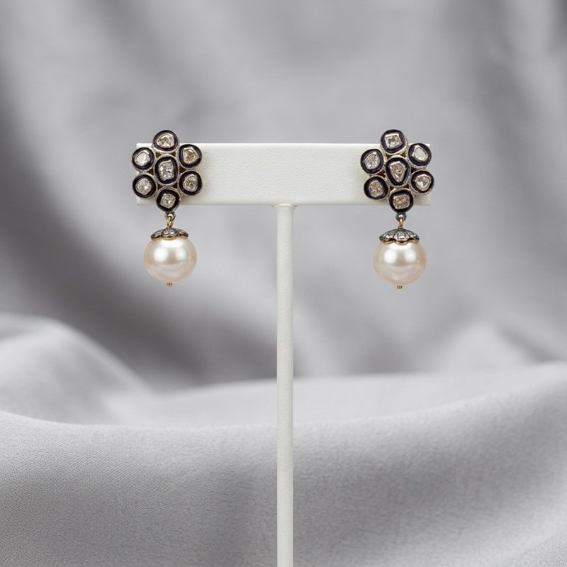 1 - Empress Floral Polki Diamond and Lustrous Pearl Drop Earrings