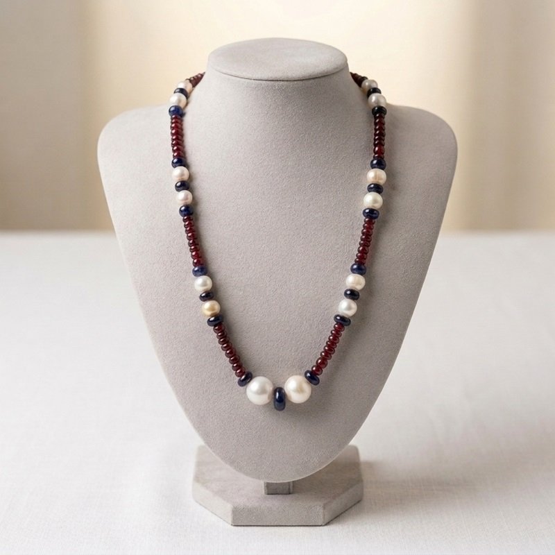1 - Handcrafted Natural Ruby, Blue Sapphire & Pearl Beaded Necklace Showcase