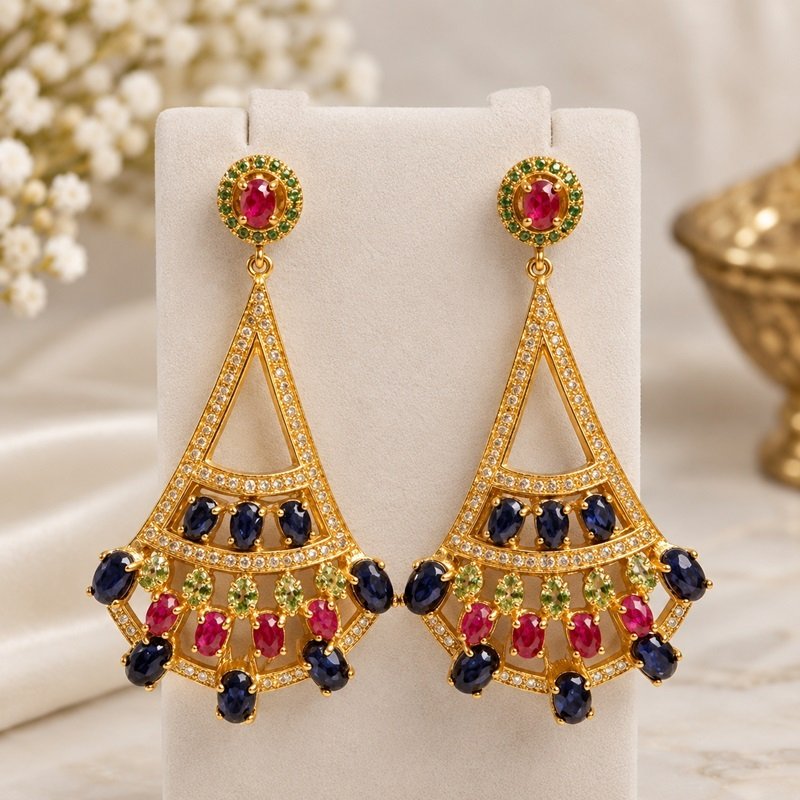 1 - Regal Heritage Ruby, Sapphire & Tsavorite Fan-Drop Earrings