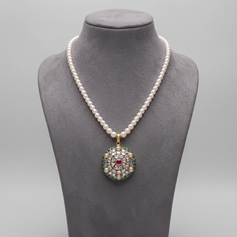 1 - Royal Heritage Polki Diamond & Pearl Necklace with Ruby & Emerald Halo Pendant