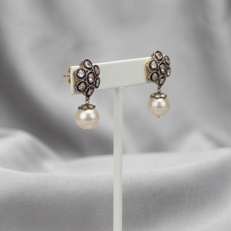 2 - Empress Floral Polki Diamond and Lustrous Pearl Drop Earrings