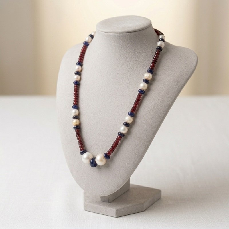 2 - Handcrafted Natural Ruby, Blue Sapphire & Pearl Beaded Necklace Showcase