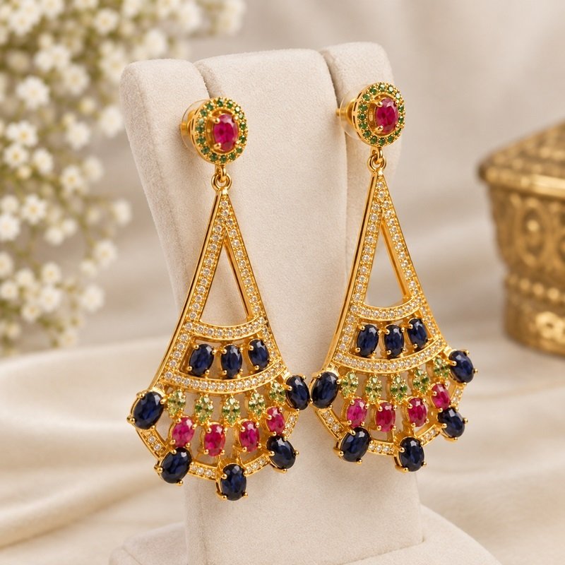 2 - Regal Heritage Ruby, Sapphire & Tsavorite Fan-Drop Earrings