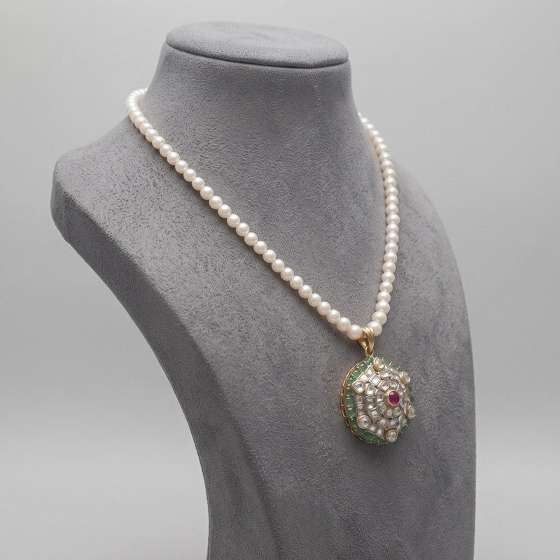 2 - Royal Heritage Polki Diamond & Pearl Necklace with Ruby & Emerald Halo Pendant