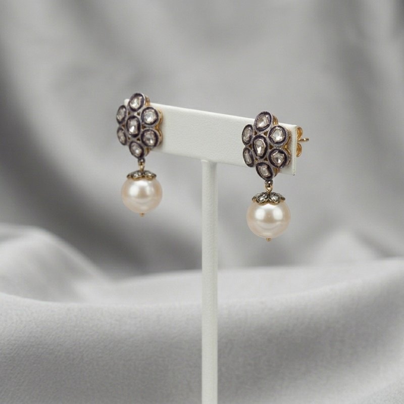 3 - Empress Floral Polki Diamond and Lustrous Pearl Drop Earrings