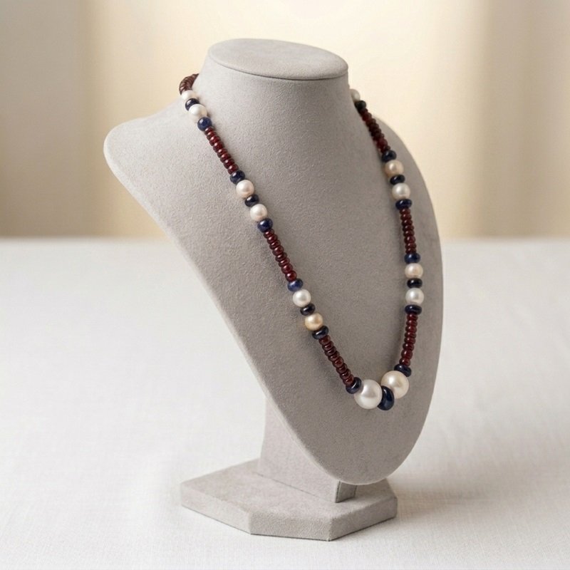 3 - Handcrafted Natural Ruby, Blue Sapphire & Pearl Beaded Necklace Showcase