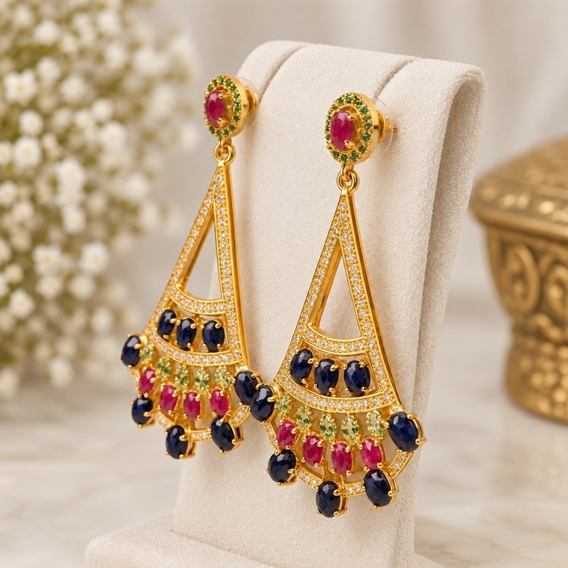 3 - Regal Heritage Ruby, Sapphire & Tsavorite Fan-Drop Earrings