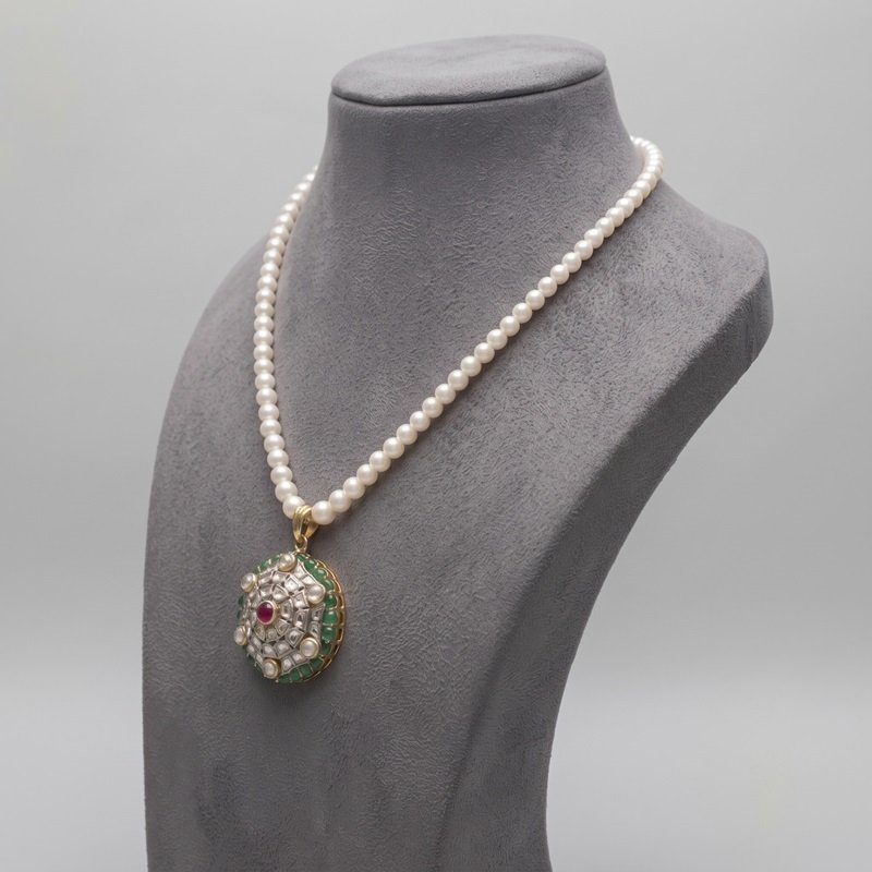 3 - Royal Heritage Polki Diamond & Pearl Necklace with Ruby & Emerald Halo Pendant