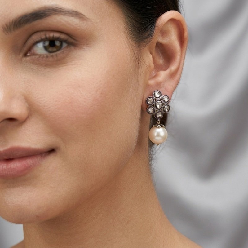 4 - Empress Floral Polki Diamond and Lustrous Pearl Drop Earrings