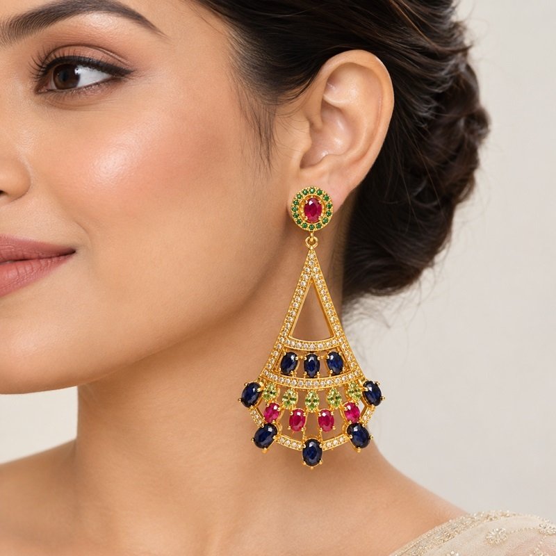 4 - Regal Heritage Ruby, Sapphire & Tsavorite Fan-Drop Earrings