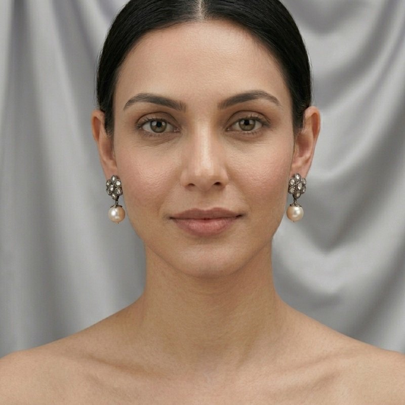 6 - Empress Floral Polki Diamond and Lustrous Pearl Drop Earrings