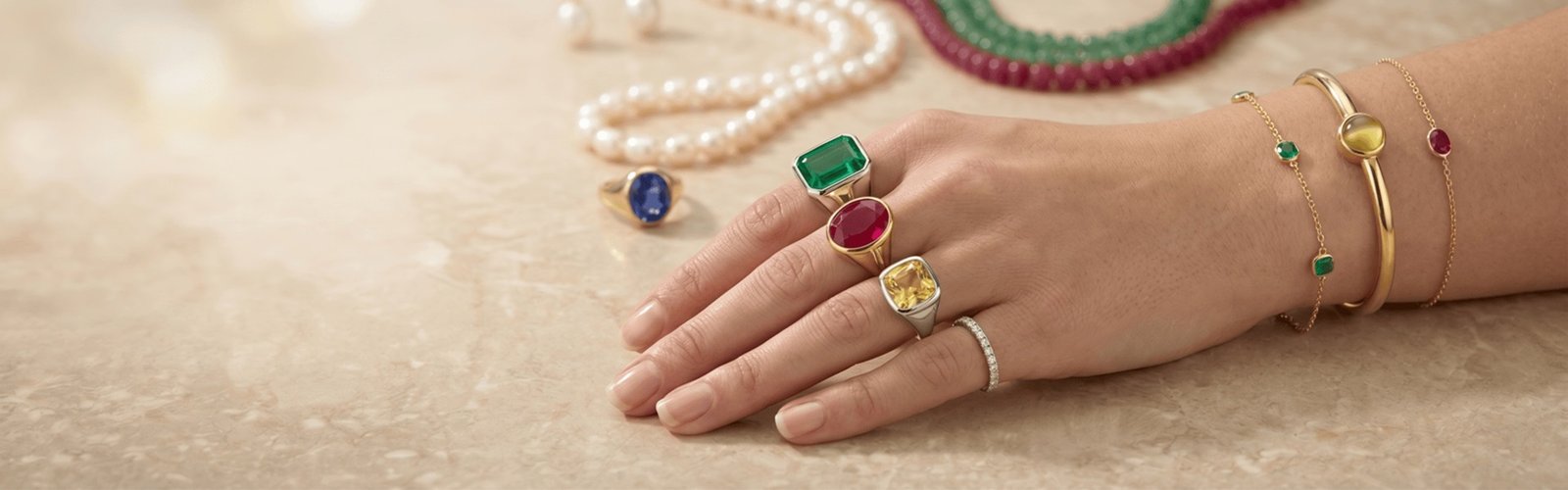 A close-up photograph of a woman’s hand wearing multiple fine gemstone rings (emerald, ruby, citrine, diamond) and stacking gold bracelets, resting on a polished beige marble surface.
